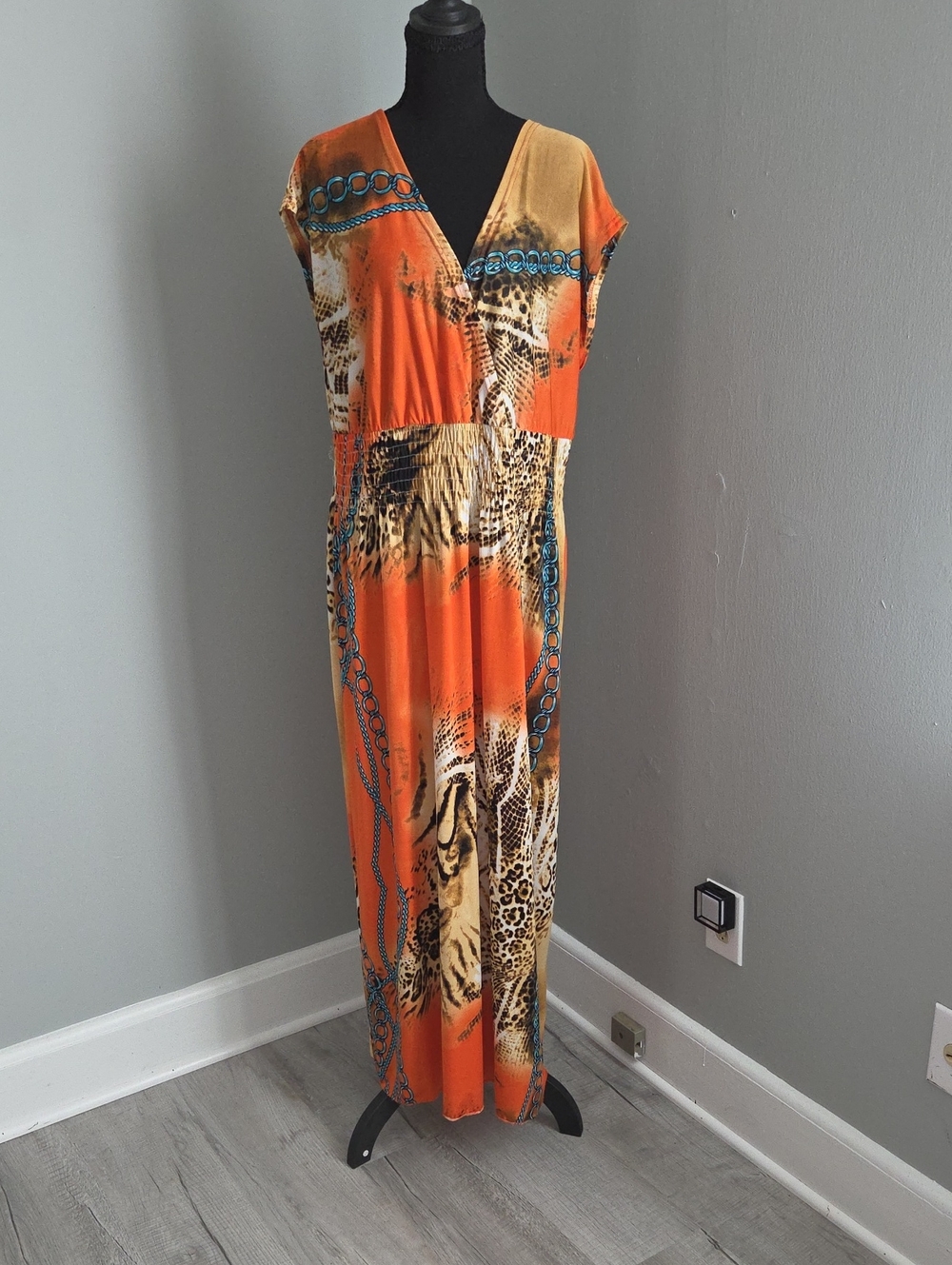 Jessica Taylor Orange Animal-Print Maxi Dress with V-Neck 1X